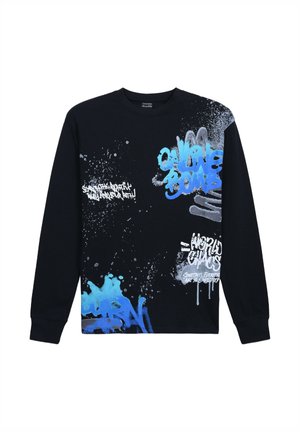 Felpa nera a maniche lunghe con testo in stile graffiti blu e bianco e design a macchie astratte. Materiale in cotone, vestibilità standard.