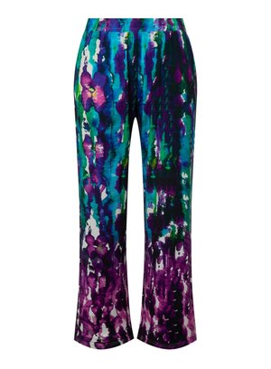 Pantaloni a gamba larga multicolori in un tessuto fluido che presenta un vivace motivo astratto con sfumature di blu, verde, viola e bianco.