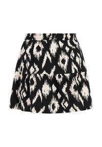 Zwart-ivoor gekleurde rok met een geplooid ontwerp en een elastische tailleband. Voorzien van een abstract ikat-patroon op een gestructureerde stof.