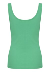 Grøn ribbet tank top med en scoop halsudskæring og brede stropper. Stoffet ser glat og strækbart ud, designet til en tætsiddende silhuet.