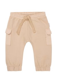 Beige katoenen cargo broek met een elastische tailleband, trekkoord, twee zijzakken en gathered cuffs. Geweven stof met een gladde afwerking.