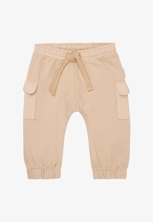 Beige katoenen cargo broek met een elastische tailleband, trekkoord, twee zijzakken en gathered cuffs. Geweven stof met een gladde afwerking.
