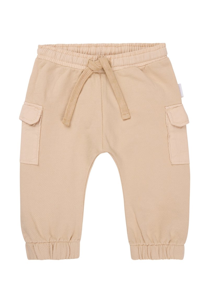 Beige katoenen cargo broek met een elastische tailleband, trekkoord, twee zijzakken en gathered cuffs. Geweven stof met een gladde afwerking.