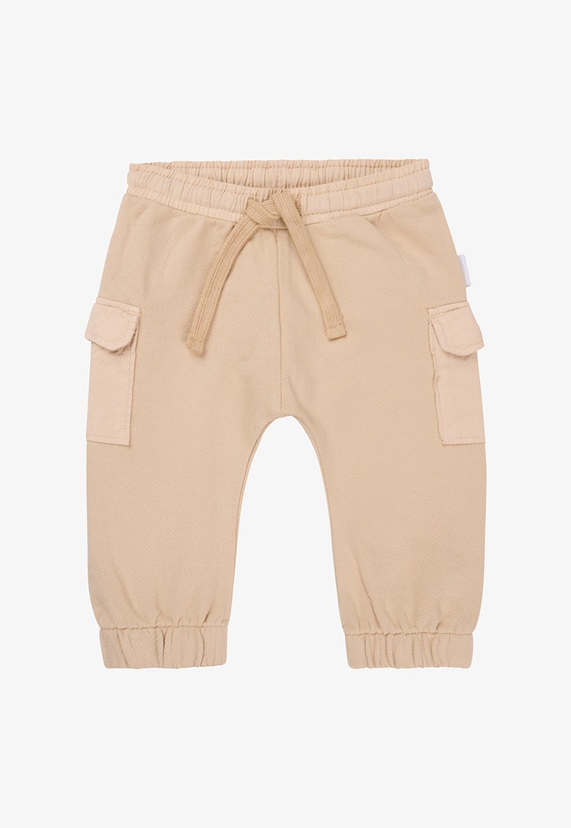 Beige Baumwoll-Cargo-Hosen mit elastischem Bund, Kordelzug, zwei Seitentaschen und gerafften Bündchen. Texturiertes Gewebe mit glatter Oberfläche.