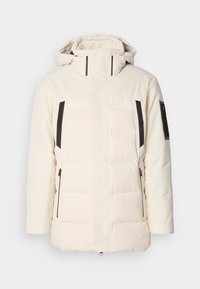 Gepolsterte weiße Jacke mit hohem Kragen, schwarzen Akzenten an den Seiten, mit Reißverschlusstaschen und glatter Textur. Gestepptes Panel-Design im gesamten Bereich.