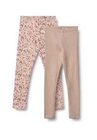 Zwei Paar Leggings: eine einfarbige hellrosa mit geripptem Textur und die andere hellrosa mit einem floralen Muster in grünen und lavendelfarbenen Tönen.