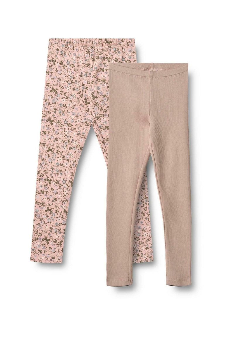 Zwei Paar Leggings: eine einfarbige hellrosa mit geripptem Textur und die andere hellrosa mit einem floralen Muster in grünen und lavendelfarbenen Tönen.