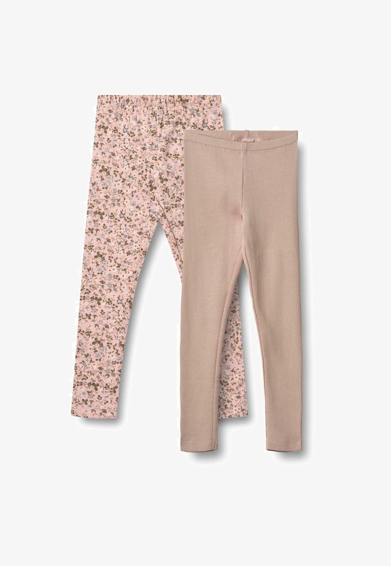 Zwei Paar Leggings: eine einfarbige hellrosa mit geripptem Textur und die andere hellrosa mit einem floralen Muster in grünen und lavendelfarbenen Tönen.