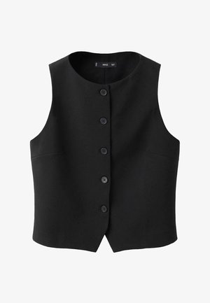 Schwarze ärmellose Weste mit rundem Ausschnitt, vorderem Knopfverschluss und seitlichen Taschen, gefertigt aus einem glatten Stoff mit einem dezenten Glanz.