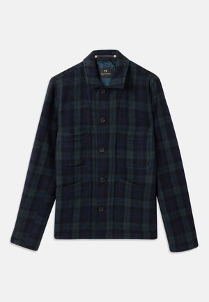 Dark green and navy blue plaid button-up jacket with long sleeves, collar, and four front pockets.