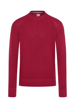 Maglione rosso a maniche lunghe in tessuto a maglia strutturata. Presenta un collo a giro, polsini a coste e un orlo con dettagli a strisce sottili.