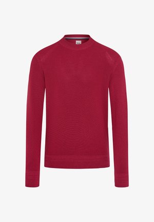 Maglione rosso a maniche lunghe in tessuto a maglia strutturata. Presenta un collo a giro, polsini a coste e un orlo con dettagli a strisce sottili.