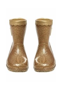 Para błyszczących brązowych brokatowych kaloszy z falistą lamówką i detalami w postaci pasków, pokazanych od przodu na białym tle.