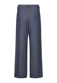 Široké kalhoty v tmavě modrém denimu, s hladkou strukturou, plochým pasem a dvěma zadními kapsami v minimalistickém designu.