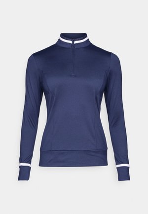 Navy blue long-sleeve top with a half-zip collar, featuring white accent detailing at the collar and cuffs. Smooth, stretchy fabric.