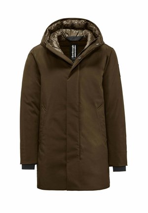 Giacca parka marrone con cappuccio, caratterizzata da un rivestimento interno lucido e trapuntato e tasche laterali. Maniche con polsini, design minimalista.