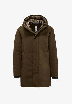 Bruine parka jas met een capuchon, voorzien van een glanzende, gewatteerde binnenvoering en zijzakken. Mouwen met manchetten, minimalistisch ontwerp.