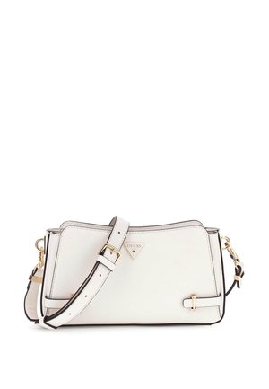 Weißes synthetisches Crossbody Bag mit goldenen Beschlägen, schwarzem Rand, verstellbarem Gurt und dreieckigem Logo-Detail auf der Vorderseite.