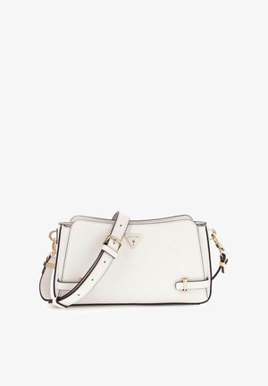 Borsa a tracolla sintetica bianca con hardware dorato, rifiniture nere, tracolla regolabile e accento con logo triangolare sul fronte.