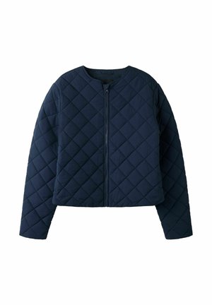 Laivastonsininen tikattu takki, jossa on timanttikuvio, pitkät hihat, pyöreä pääntie ja vetoketjukiinnitys edessä.