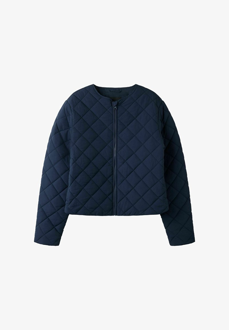 Veste matelassée bleu marine avec motif losange, manches longues, encolure ronde et fermeture éclair à l'avant.
