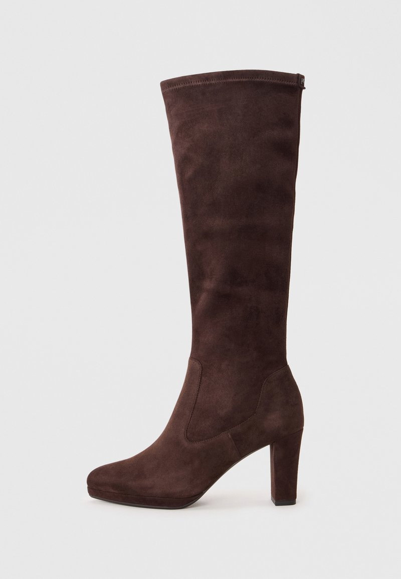 Brown suede knee-high boot with a square toe, tapered heel, and smooth texture. Features minimal design with subtle side accents.