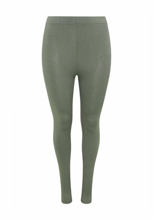 Oliivinvihreät, kapealahkeiset leggingsit korkealla vyötäröllä ja sileällä viimeistelyllä, esillä valkoisella taustalla.