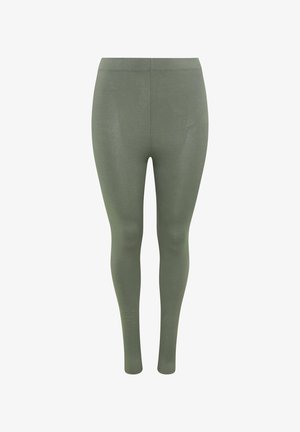 Leggings aderenti color verde oliva con vita alta e finitura liscia, mostrati su sfondo bianco.
