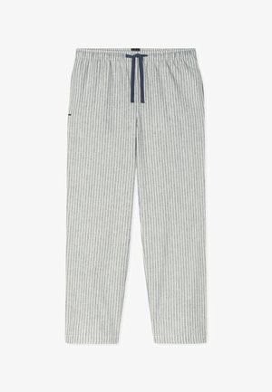 Pantalones de pijama gris claro con finas rayas verticales blancas y un cordón azul oscuro en la cintura elástica.