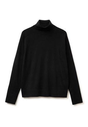 Suéter de cuello alto negro hecho de tejido de punto, con mangas largas, un cuello acanalado y un corte holgado con dobladillo recto.
