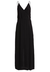 Robe maxi noire avec un décolleté en V, des fines bretelles ajustables et une coupe décontractée. Fabriquée en tissu léger avec une texture lisse.