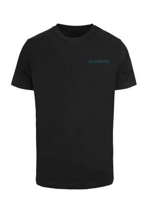 Black cotton t-shirt with short sleeves and a crew neck. Features turquoise text "Iron Maiden" on the left chest area. Classic fit.