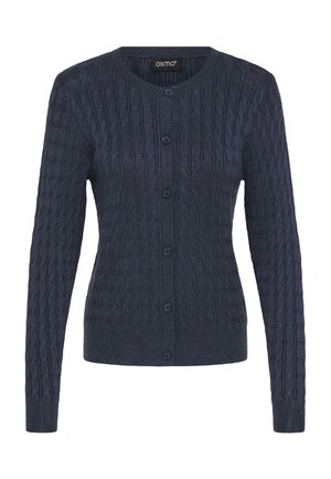 Tumši zilas krāsas adīta džemperi ar reljefa kabeli, apaļu apkakli, garām piedurknēm un sešiem pogu aizdares elementiem.