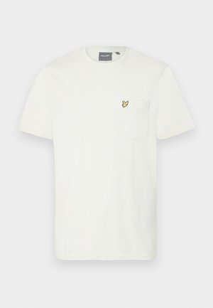 T-shirt in cotone bianco con taschino sul lato sinistro e un piccolo logo a farfalla gialla. Maniche corte e design classico con collo a giro.