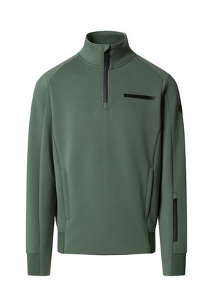 Pullover verde a manica lunga con zip a quarto, collo alto, tasca con zip sulla manica sinistra e tasche laterali.
