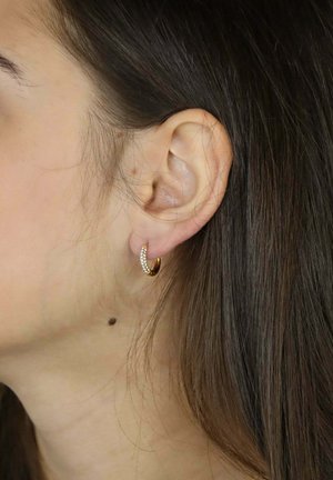 Złota kolczykowa kołdra z rzędem małych przezroczystych kryształków wzdłuż przedniej krawędzi, noszona na lewym uchu na tle ciemnych włosów.