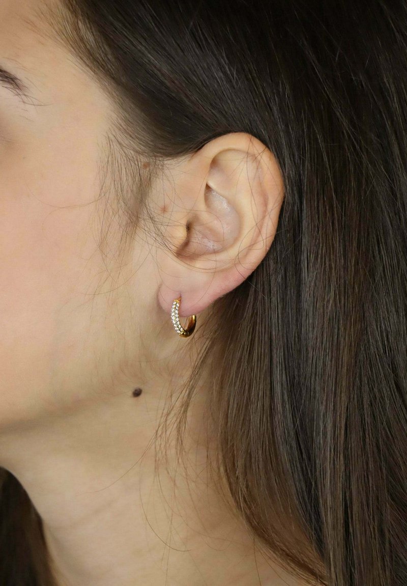 Pendiente de aro dorado con una fila de pequeños cristales transparentes a lo largo del borde frontal, llevado en la oreja izquierda sobre cabello oscuro.