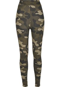 Kamouflageleggings med hög midja, tillverkade av stretchigt tyg i gröna, bruna och beige nyanser med en mjuk textur.