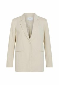 Béžový blazer s jedným gombíkom na zapínanie, s klopovými límci a dvoma prednými vreckami. Vyrobený z ľahkej, hladkej látky. Klasický strih.