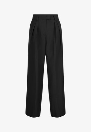 Schwarze weit geschnittene Hose aus einem leichten Stoff. Mit gefaltetem Vorderteil, hoher Taille und einer durchgehend glatten Textur.