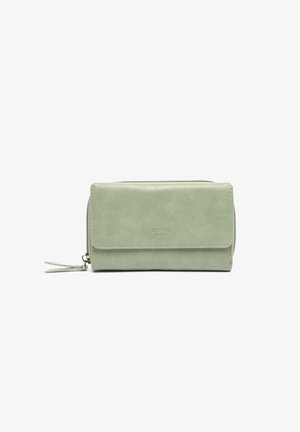 Mintgrünes Wallet aus synthetischem Leder; mit Reißverschluss, Klappenverschluss und geprägtem Logo; glatte Textur mit minimaler Detailgestaltung.