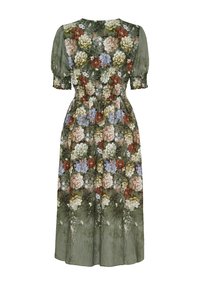 Blommig klänning i grönt med korta puffärmar, smockad midja och en flödande design. Har rosa, blå och bruna blommönster.