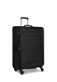 Black suitcase with a hard-shell design, fabric texture, telescoping handle, four wheels, front zipper pocket, and a side handle.