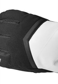 Gant noir et blanc avec un tissu noir texturé et un accent en cuir lisse. Le design comprend des coutures et un poignet flexible.