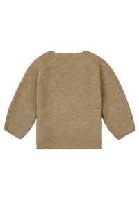 Beige knitted sweater with a round neckline and raglan sleeves. Textured pattern throughout, featuring ribbed cuffs and hem.