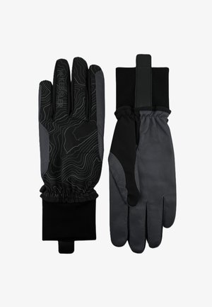 Ein Paar schwarze und graue Handschuhe für den Außenbereich, wobei einer die Oberseite mit Konturdesign und Markennamen zeigt, während der andere die schlichte Handfläche mit elastischem Handgelenk zeigt.