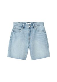 Light blue denim shorts with five-pocket design, belt loops, button closure, and raw hem edges.