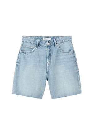 Svetloplave traper kratke hlače s dizajnom s pet džepova, petljama za remen, zatvaranjem na dugme i sirovim rubovima poruba.