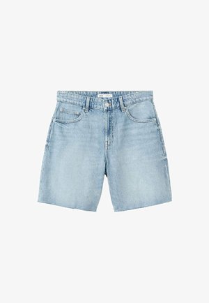 Svetloplave traper kratke hlače s dizajnom s pet džepova, petljama za remen, zatvaranjem na dugme i sirovim rubovima poruba.