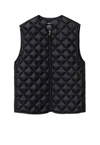 Veste matelassée noire sans manches avec fermeture éclair à l'avant, motif de couture losange et encolure ronde.